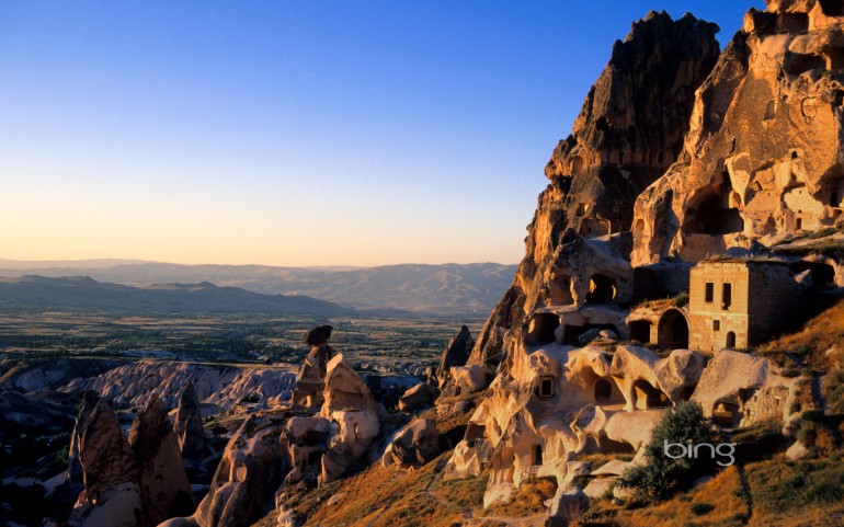 Tuff hills and cave dwellings in  Uchisar, Cappadocia, Turkey